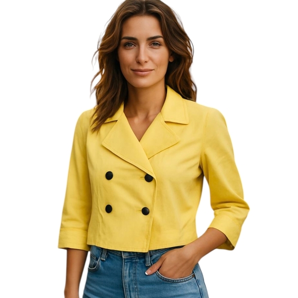 Banana Republic Yellow Cropped Pea Coat Trenchcoat Double-Breasted Style Sz M - Picture 1 of 9